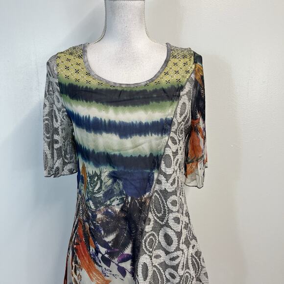 LV Collection Top Tunic size Small Navy Artsy Sheer Mountains Peasant Boutique - Picture 2 of 9